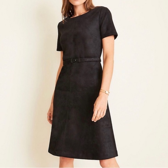 Ann Taylor Dresses & Skirts - Ann Taylor Black Faux Suede Belted A-Line Dress Midi Work Office Business 6 TALL